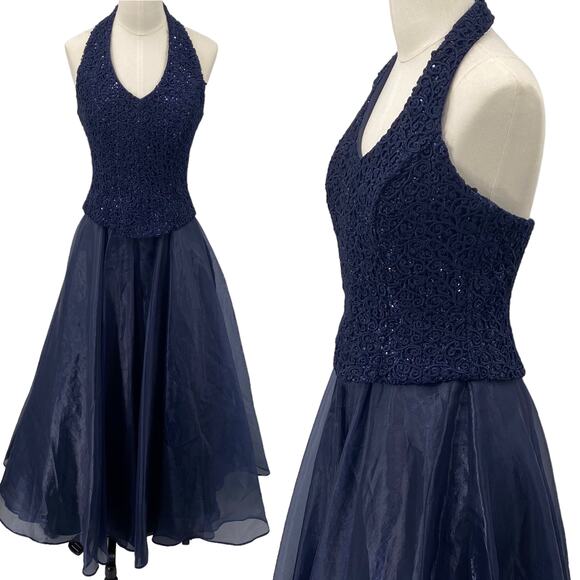 Vintage Y2k Gown Fit & Flare Halter Neck Embroidered Sequins Maxi Navy Blue XS - Picture 1 of 11